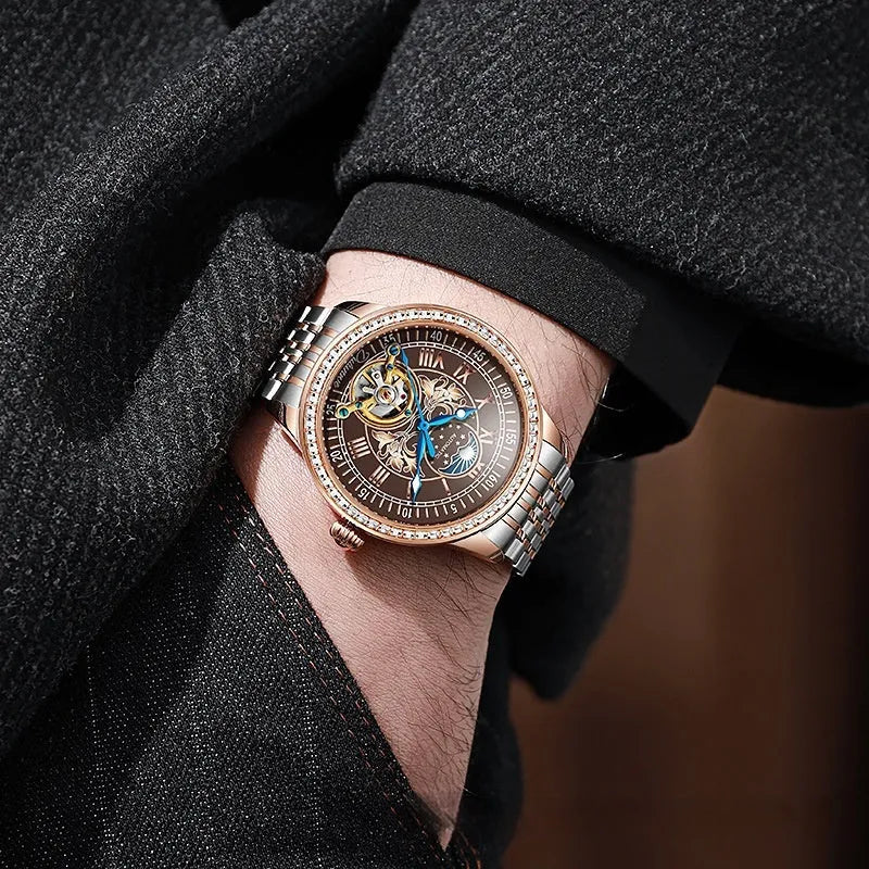 Men's stainless steel mechanical watch with round dial, transparent case back, and butterfly buckle