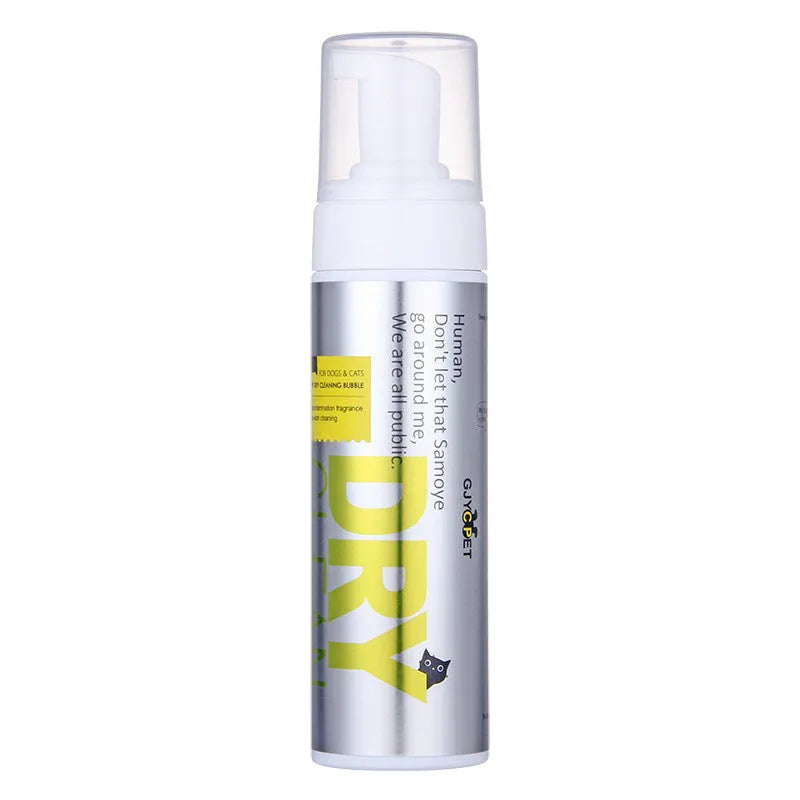 Bottles of pet foot cleaning foam and ear cleanse liquid next to packs of disposable pet wipes for dogs and cats.