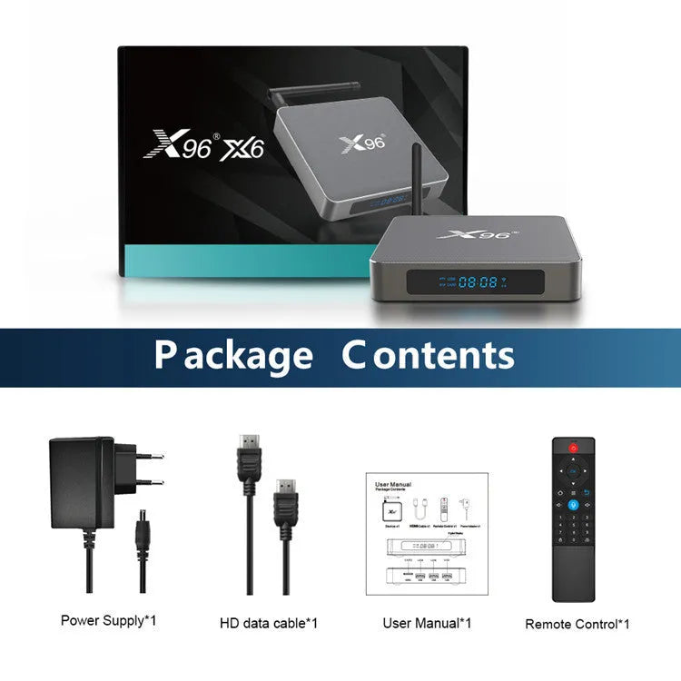 RK3566 Android smart voice set-top box with remote control, HDMI cable, and power adapter.