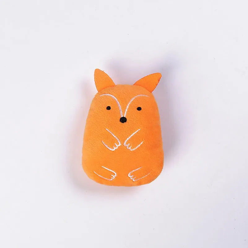 Small brown plush cat toy with catnip filling and squeaker for chewing and interactive play
