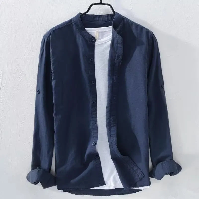 Loose fit casual long sleeve shirt in cotton linen blend fabric showing dark blue colour option