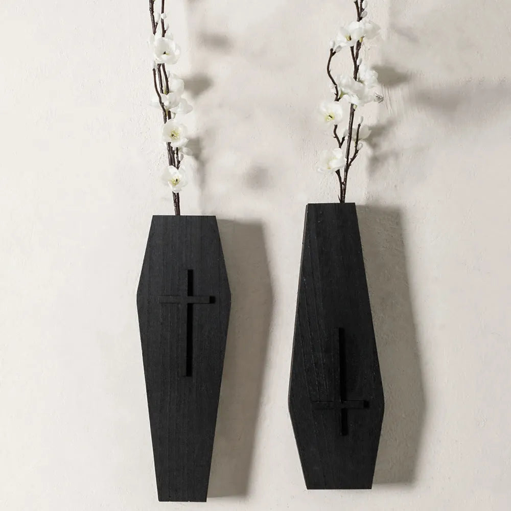 Black wooden cross wall vase shelf measuring 27cm by 9cm for pendant mounting