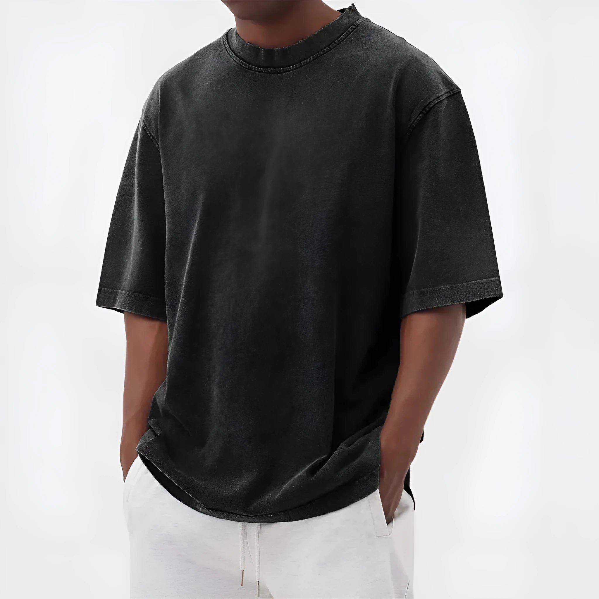 Men's loose fit distressed pullover t-shirt in stone washed polyester showing half sleeve design