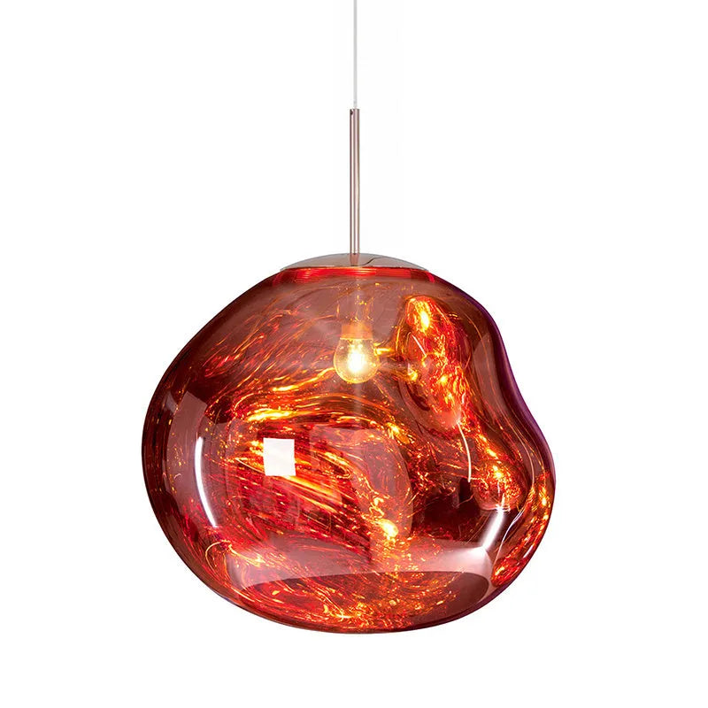 Nordic style irregular glass lava lamp chandelier in gold, silver, or red copper, available in three different sizes.