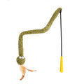 Green snake cat teasing stick with feather attachment on 140 cm pole for interactive cat play