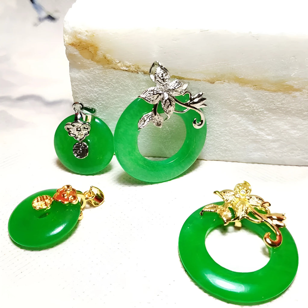 Quartz rock jade pendant necklace with emerald inlay on gold chain