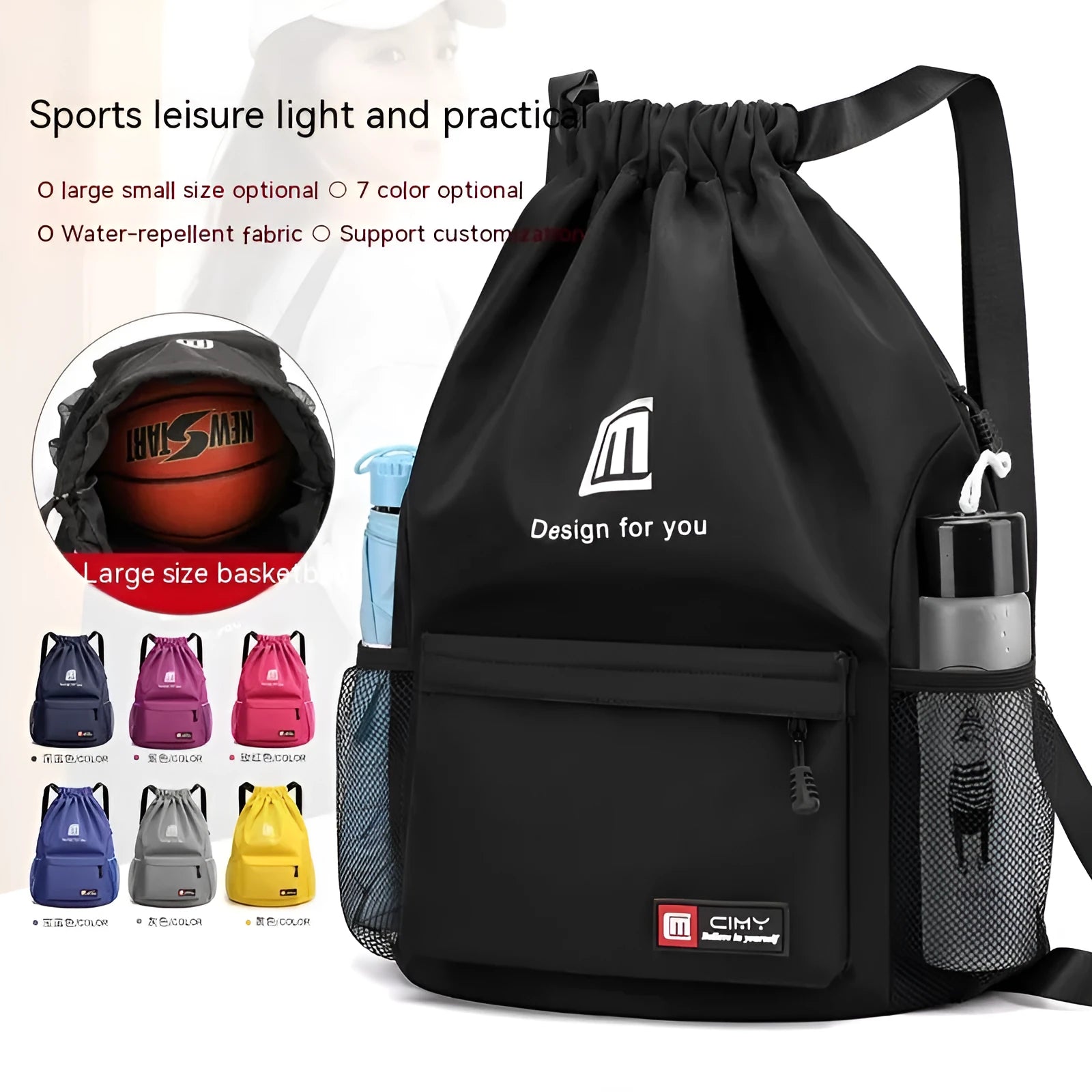 Oxford fabric drawstring travel backpack in multiple colours with double shoulder straps and pull-belt closure