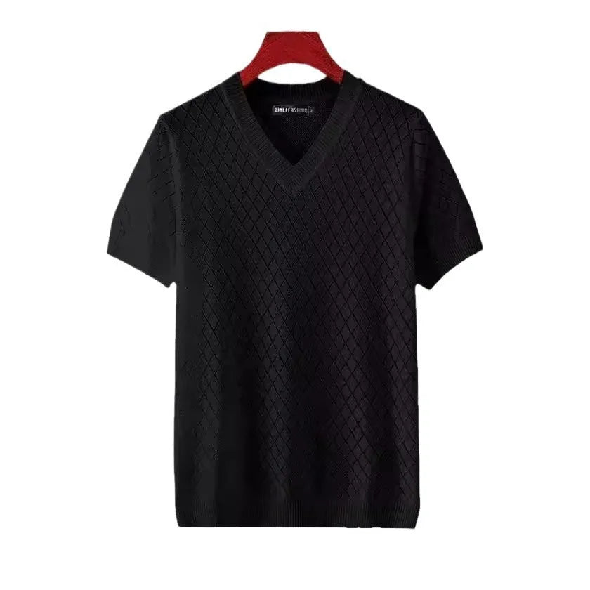 Men's ice silk V-neck T-shirt in black Korean style with cut-out detail and short sleeves