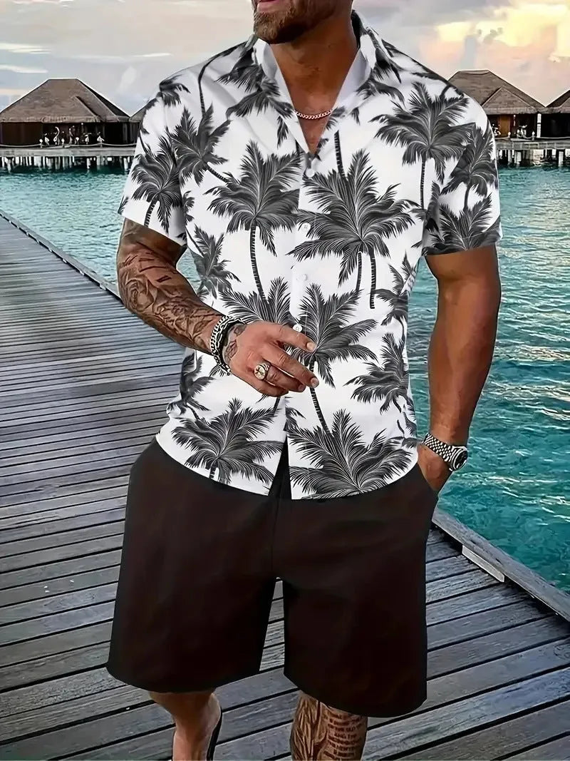 Man wearing a short sleeve Hawaiian print shirt and matching shorts, a casual polyester suit set.