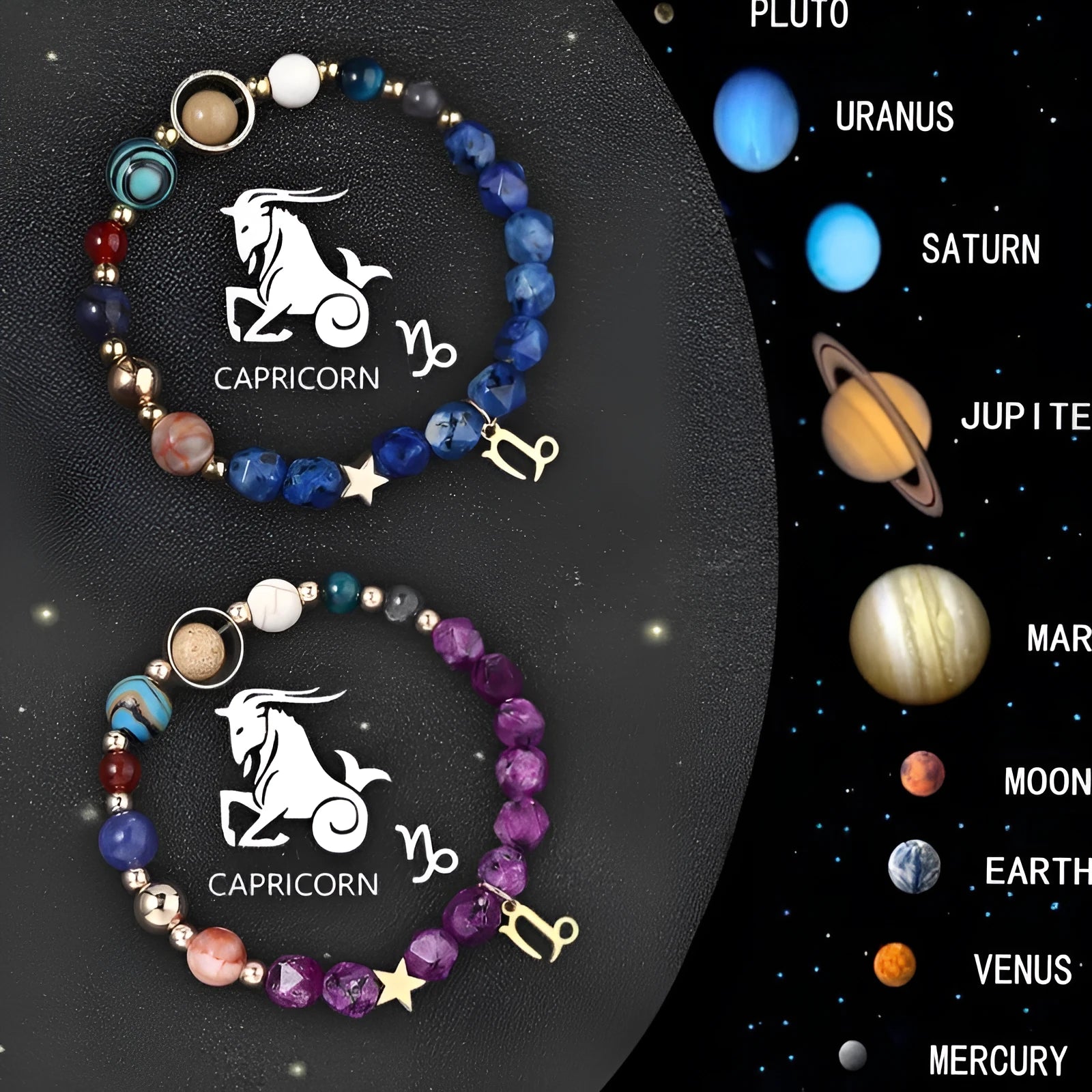 Natural stone zodiac beaded bracelet with adjustable cord closure showing sliding knot detail