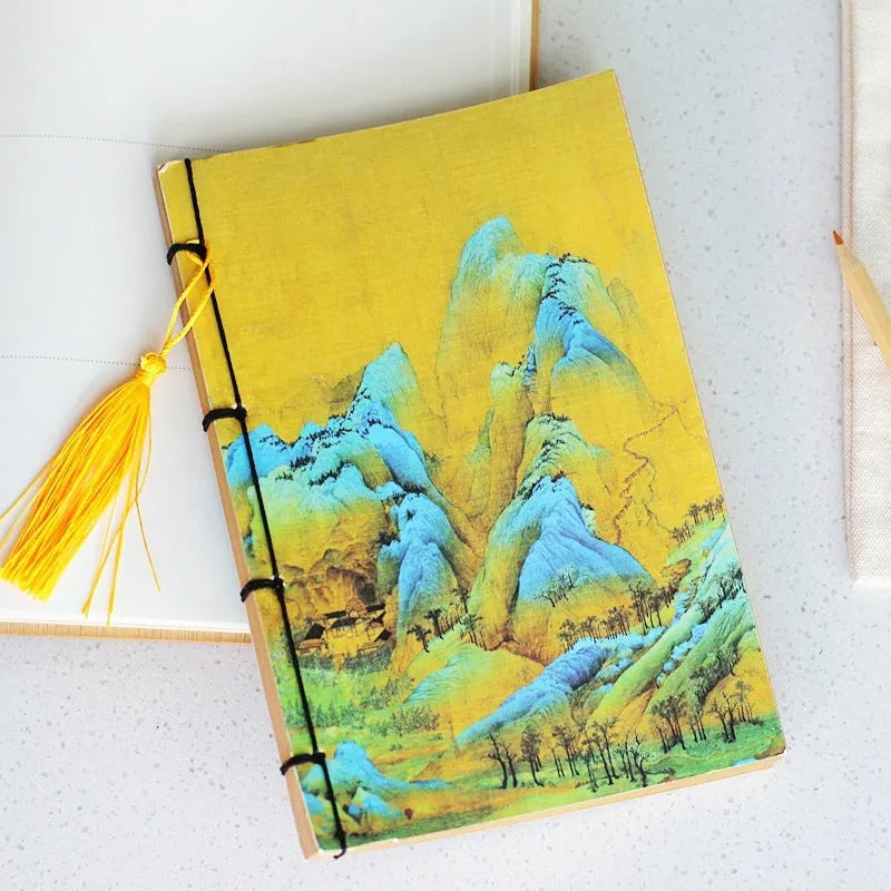 A5 antique wire-bound notebook with retro Chinese painting design on glossy embossed cover