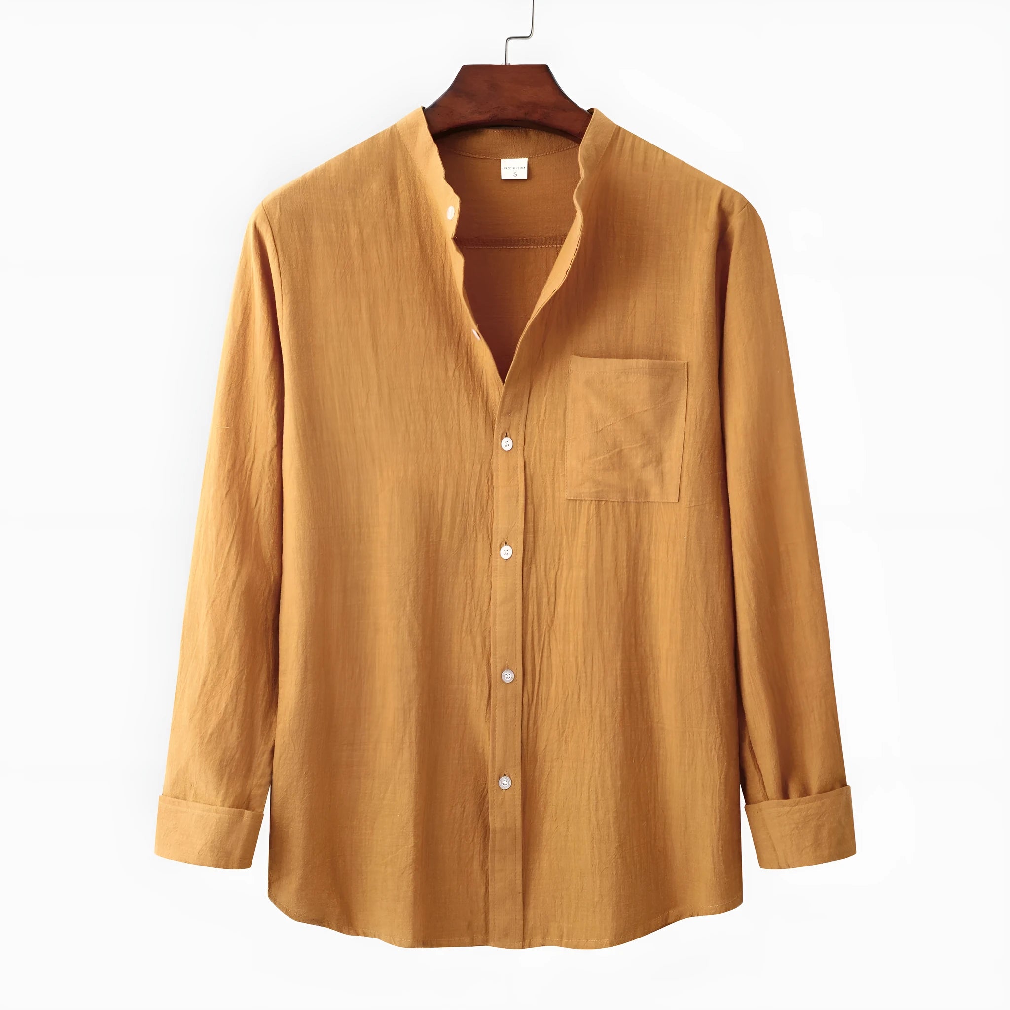 Men's slim fit brown cotton blend long sleeve shirt and pants casual set laid flat.