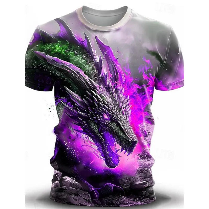 Men's grey T-shirt with a detailed 3D wind dragon graphic print on the chest.