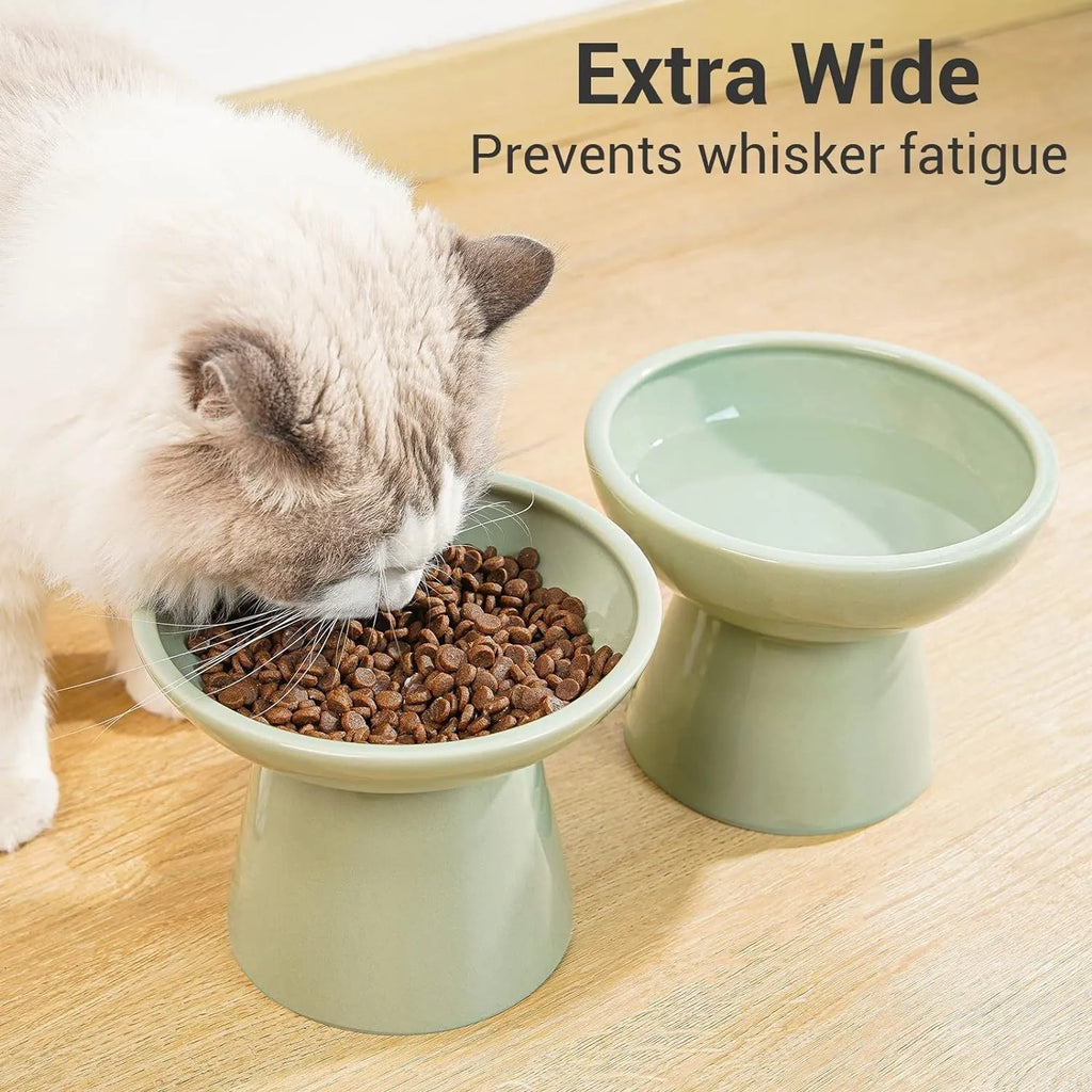 Extra wide elevated ceramic cat food bowl in blue green pink or white with shallow 16cm dish for whisker fatigue relief