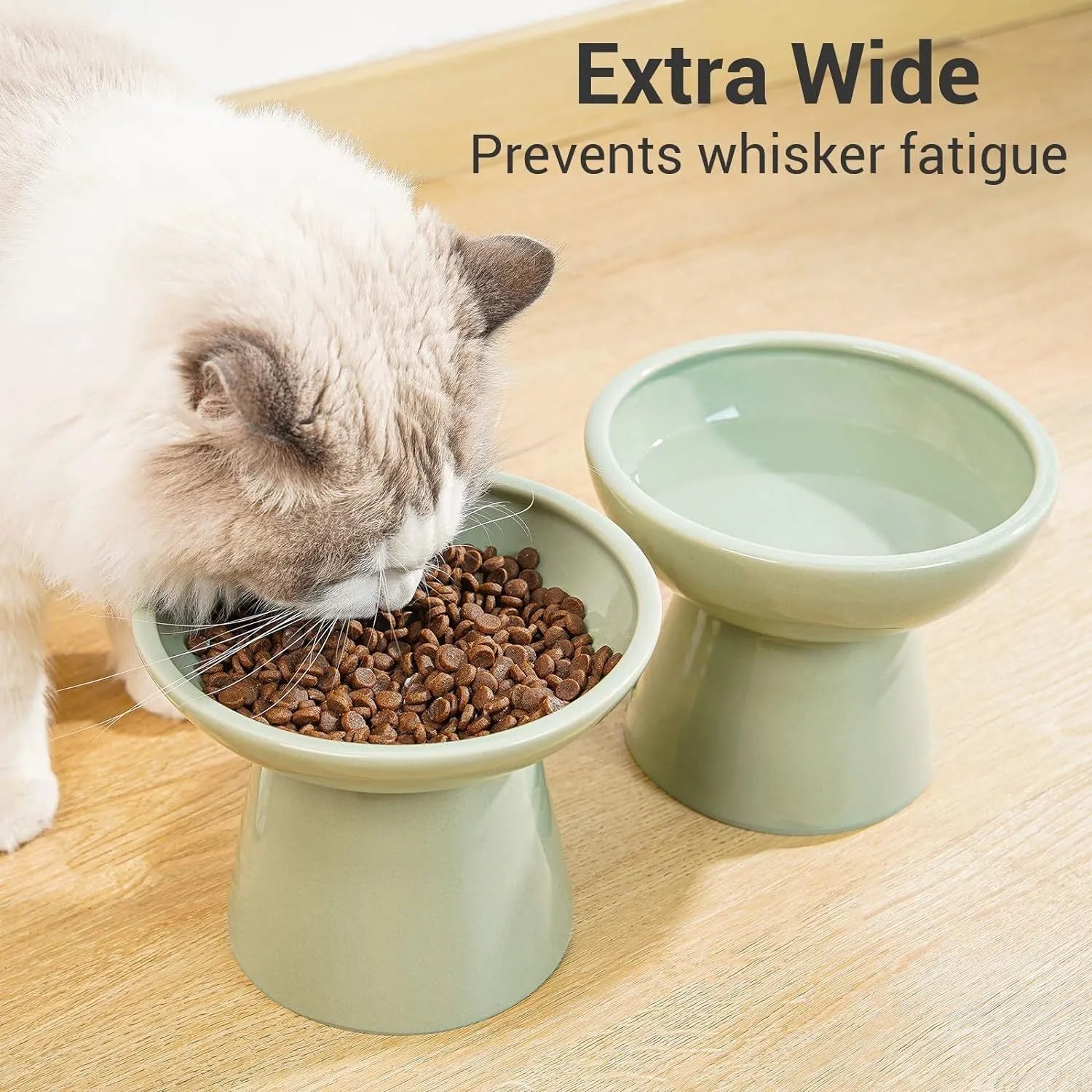 Extra wide elevated ceramic cat food bowl in blue green pink or white with shallow 16cm dish for whisker fatigue relief
