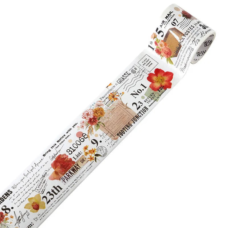 Roll of Japanese paper washi tape with vintage floral watercolour design showing width measurement