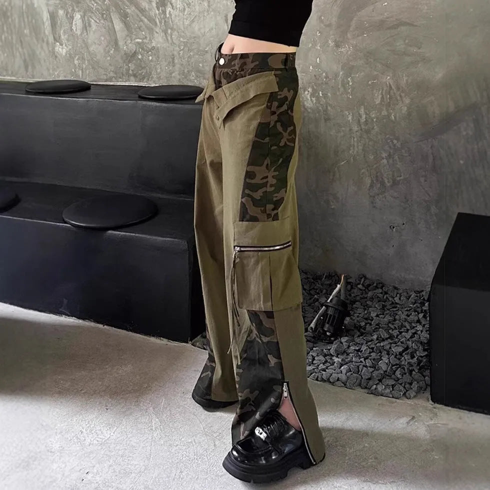 Women's dark khaki high waist straight leg jeans with a leopard print pattern and tooling style stitching detail.