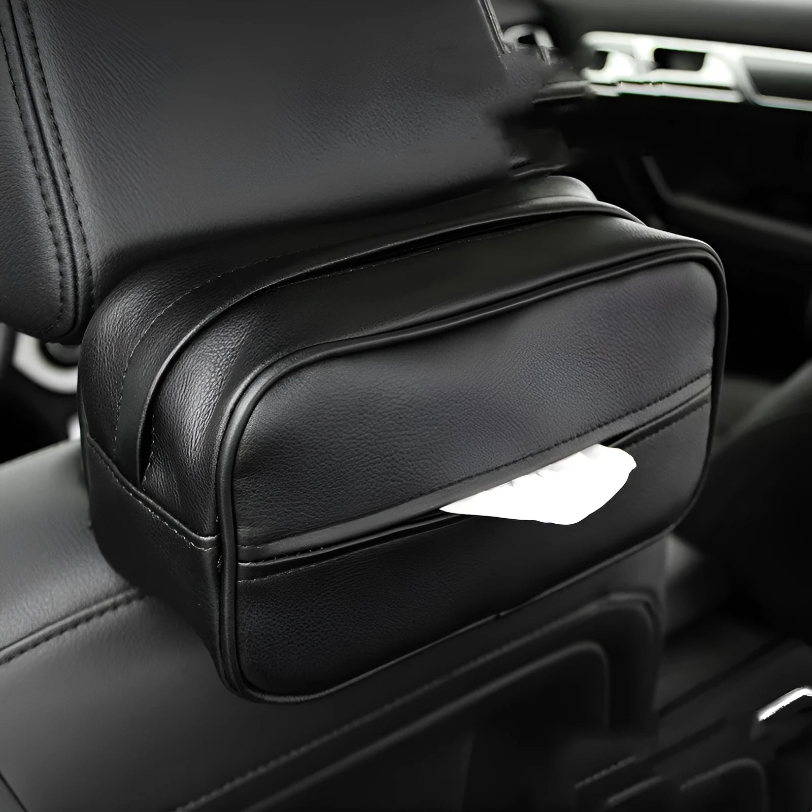 Black PU leather car hanging storage organiser bag shown with documents inside