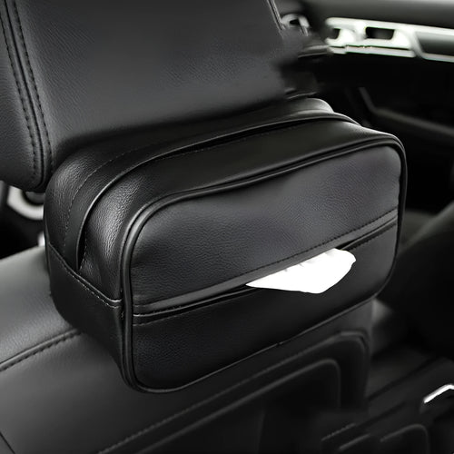 Black PU leather car hanging storage organiser bag shown with documents inside