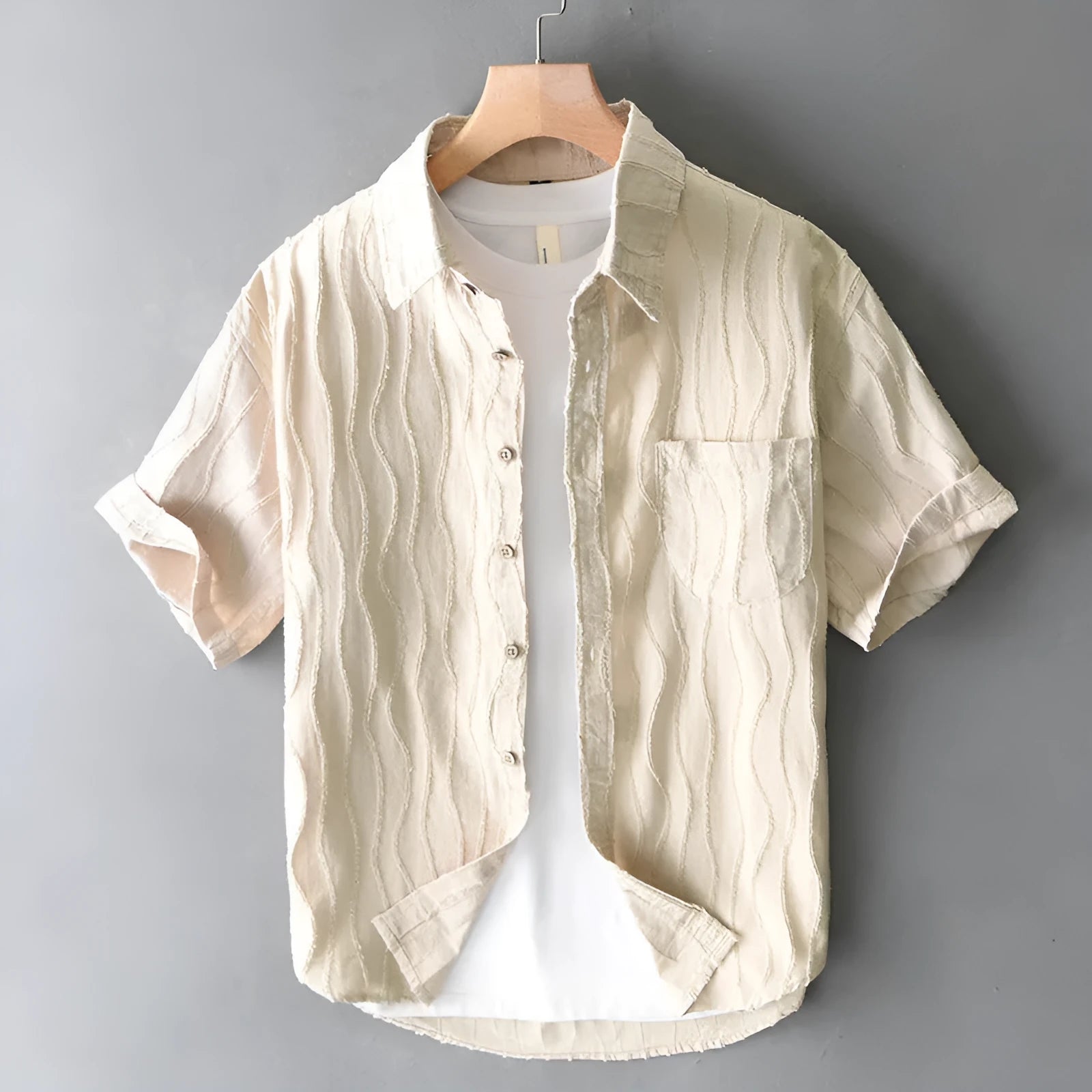 Men's apricot cotton short sleeve casual shirt with loose fit and Japanese styling