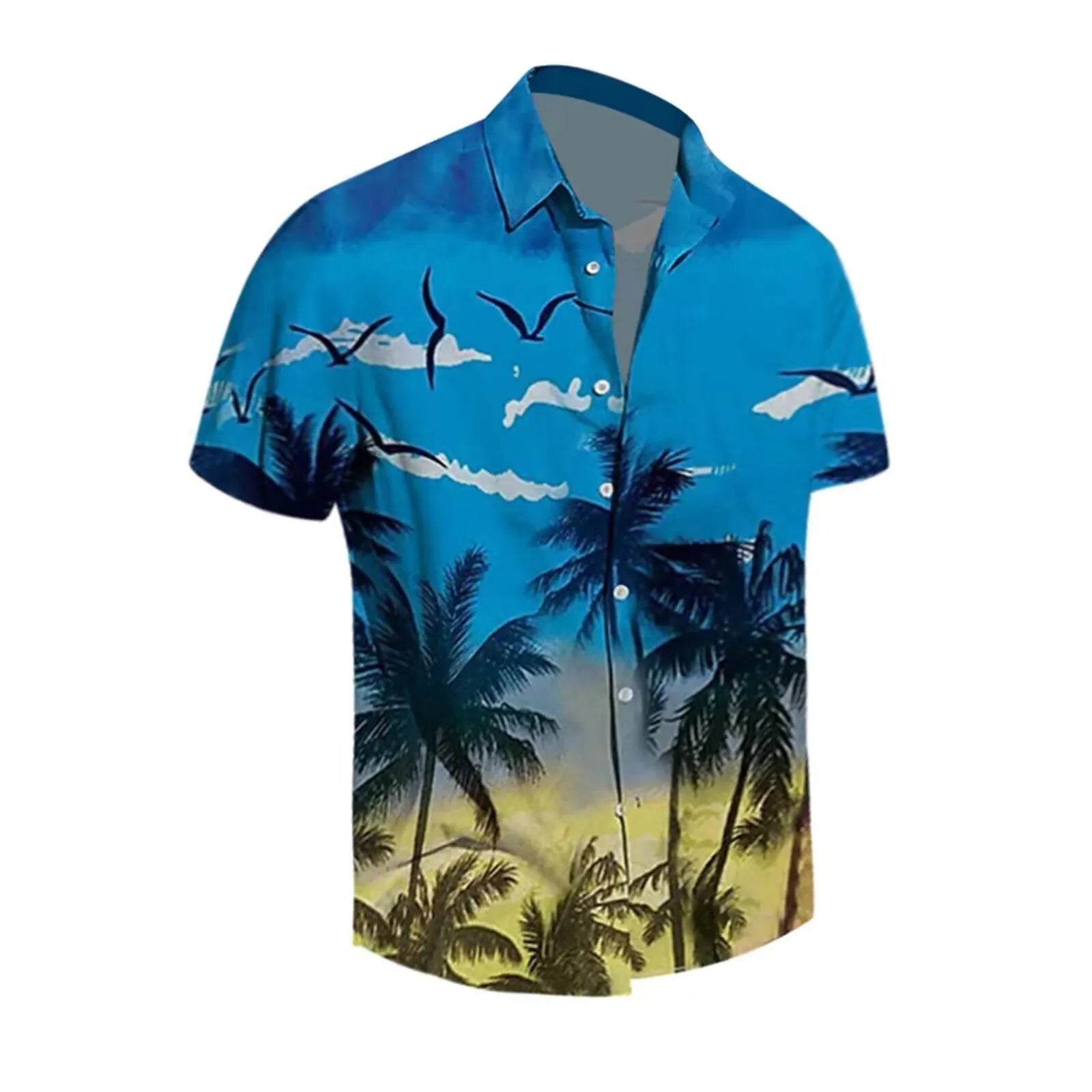Men's short-sleeved Hawaiian shirt with a colourful 3D printed pattern on a polyester blend fabric.