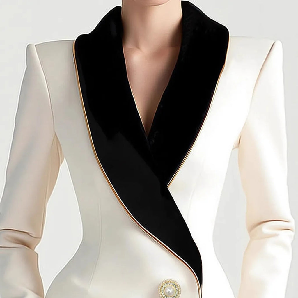 Women's milky white beige irregular coat with golden edge pearl buttons on TR fabric