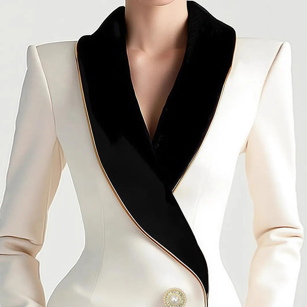 Women's milky white beige irregular coat with golden edge pearl buttons on TR fabric