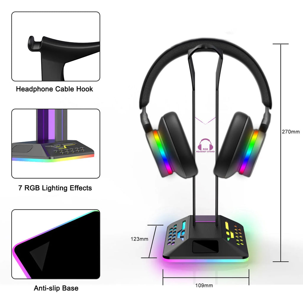 Headphone display rack with RGB lighting and dual USB ports in black acrylic design