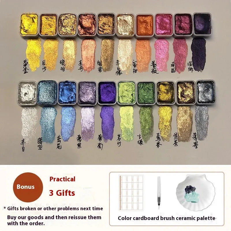 Traditional Chinese painting watercolour set with tubes of red, white, gold, and warm and cold colour palettes.