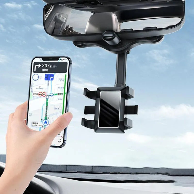 Black rearview mirror phone holder with telescopic arm and 360-degree rotation mechanism