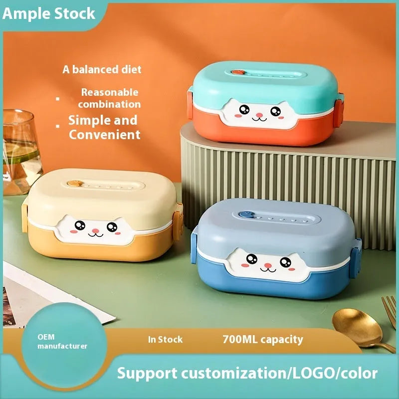 Square divided plastic lunch box in dark blue, orange yellow, or pink and green colours with cartoon style