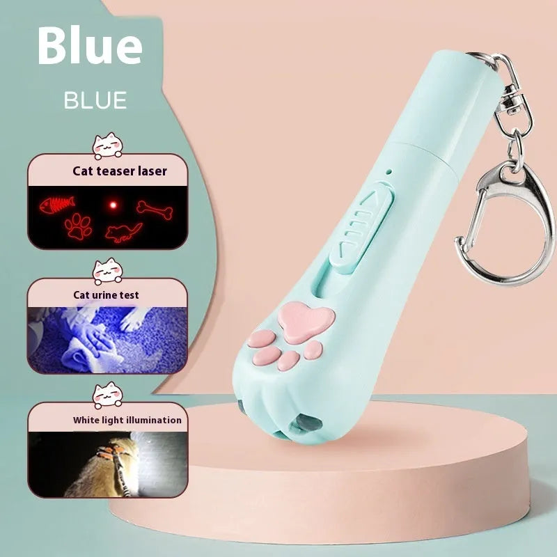 Rechargeable cat pen light toy with feather attachment in cream white, pink, or blue