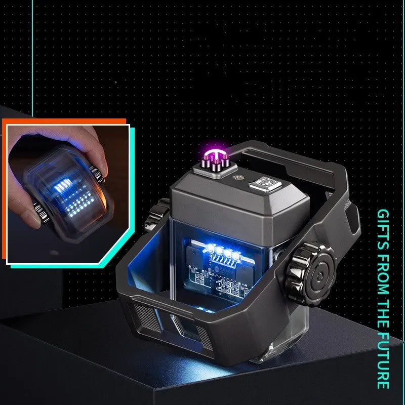 Blue double arc windproof electric lighter with mechanical gyroscope showing folded and open positions