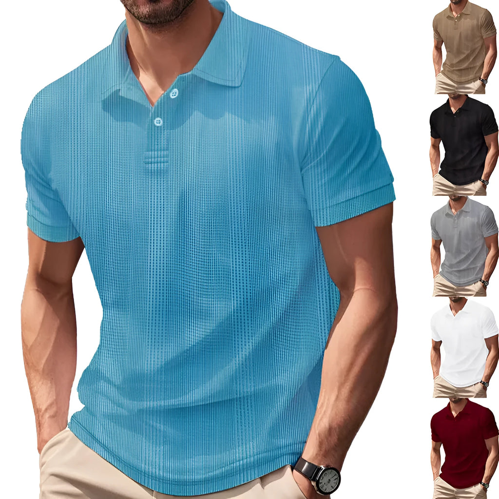 Men's short sleeve polo shirt with simple British style collar in loose fit, available in multiple colours including light gray and khaki