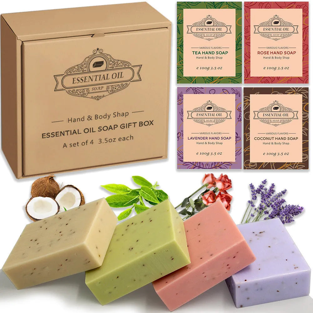 A frosted handmade essential oil soap bar in one of five scents: coconut, green tea, lavender, rose, or Four Boxes.