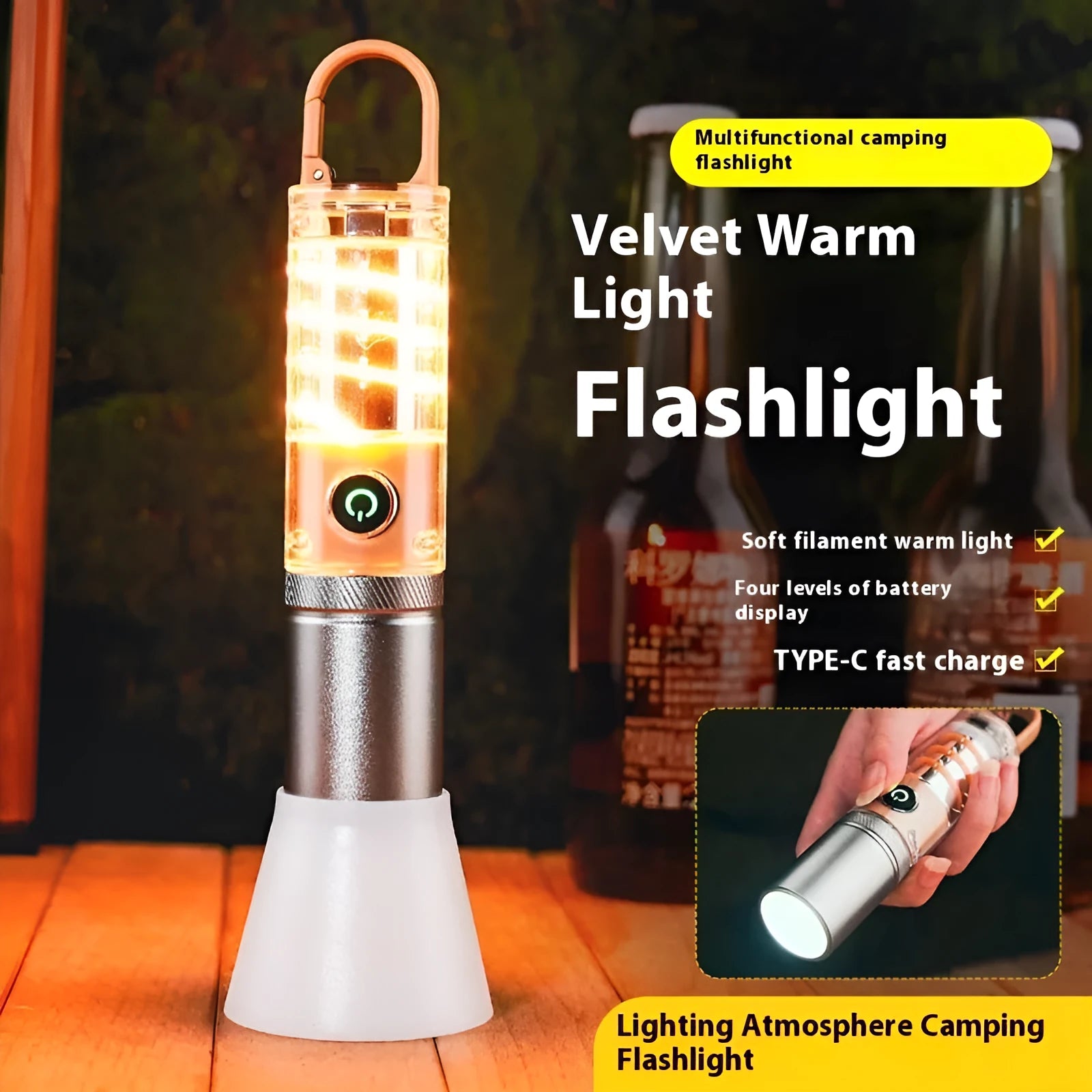 Orange 10W LED flashlight with dual light sources, optical zoom, and hanging hook