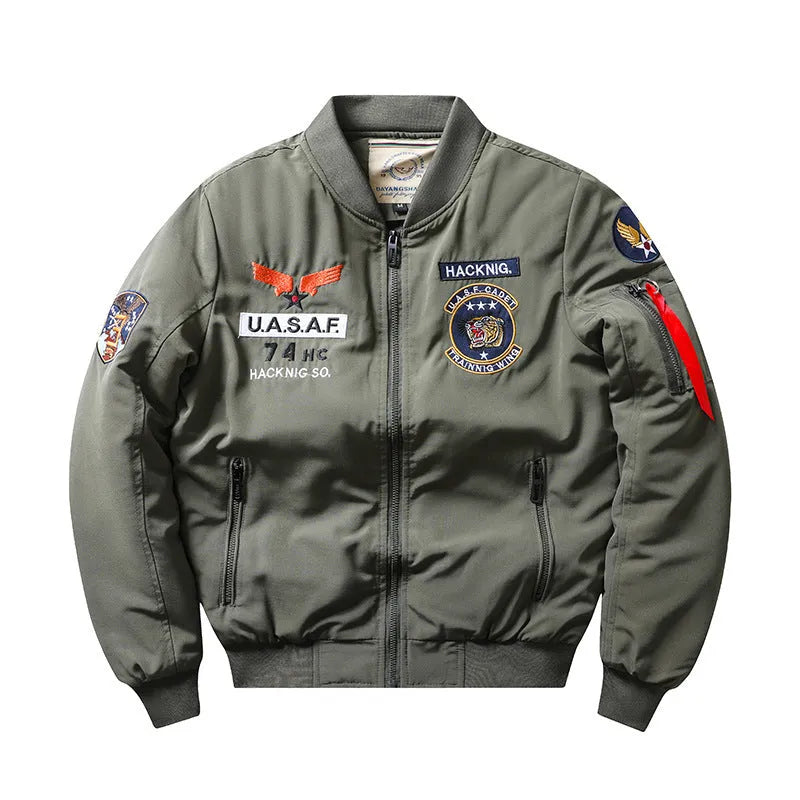 Men's slim-fit stand collar retro motorcycle cotton-padded coat in blue, black, green, or red.