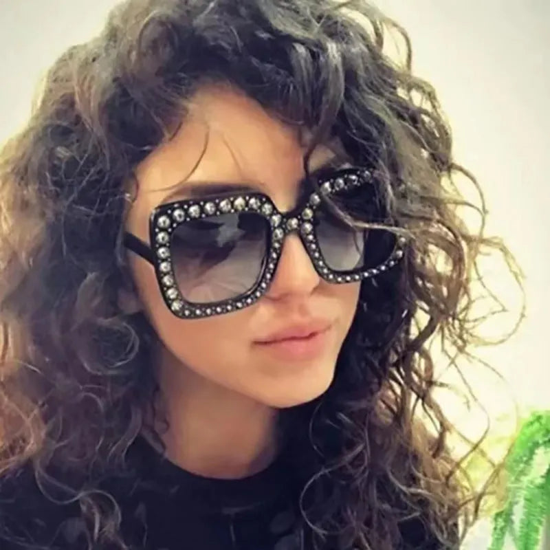 Large square frame sunglasses with rhinestone details on a PC frame in multiple colour options