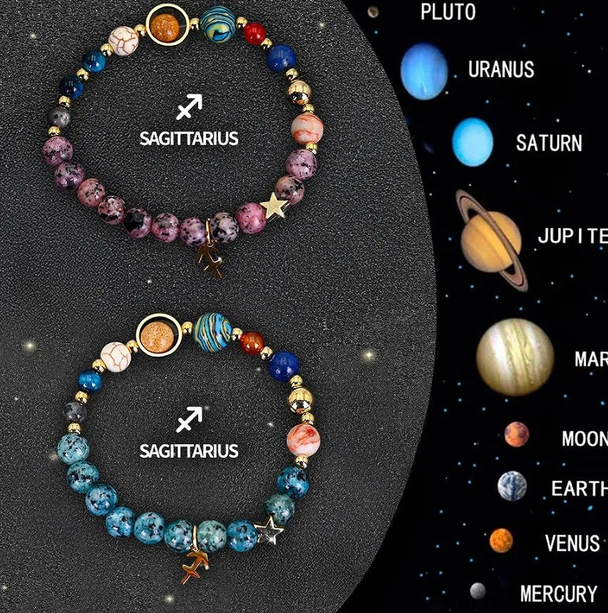 Natural stone zodiac beaded bracelet set showing twelve different sign designs with colourful crystal beads on adjustable cords