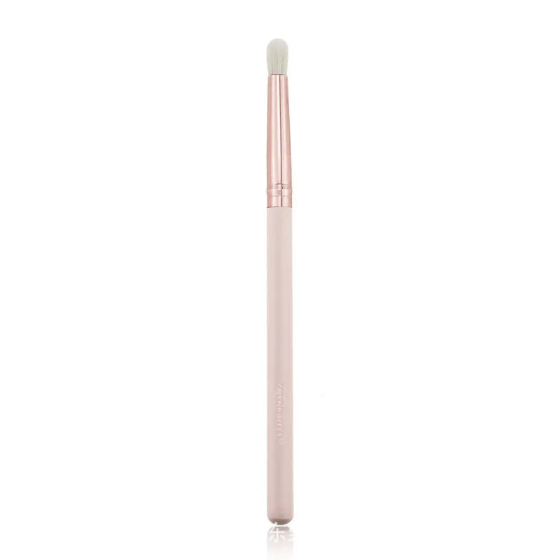26 pink-handled makeup brushes with wool bristles in a rolled-up PU case