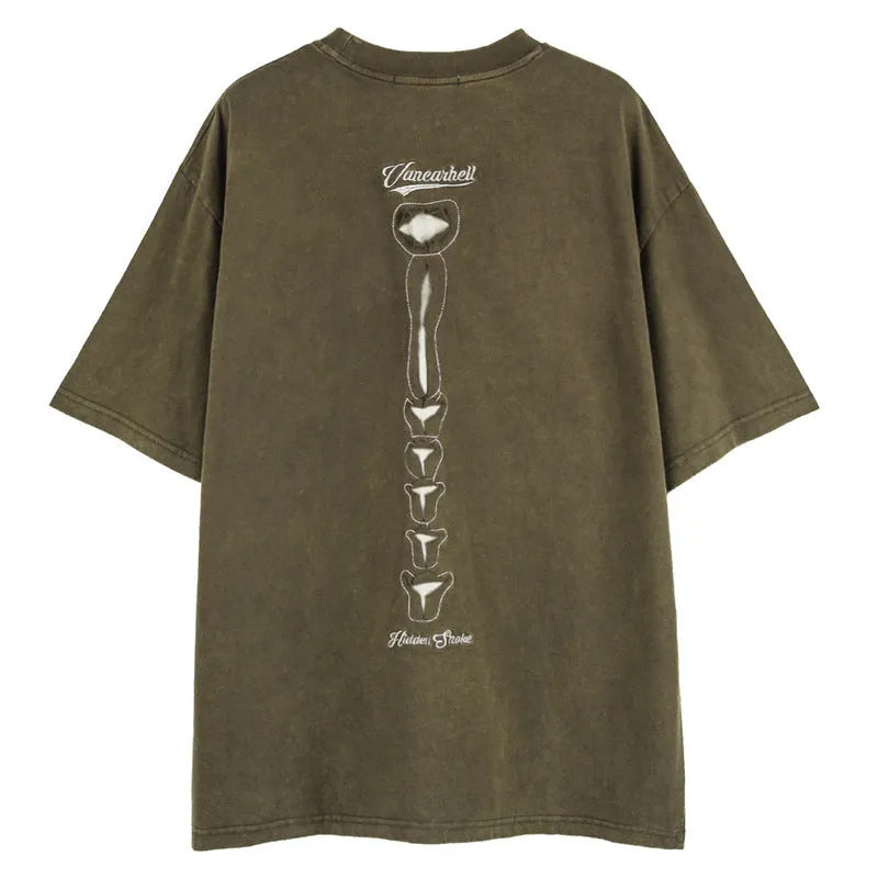 Brown cotton t-shirt with skull print design and drop shoulder sleeves laid flat