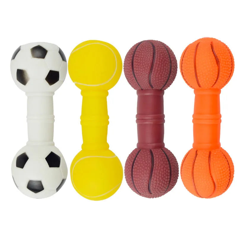 Brown, orange, white, and yellow PVC squeaky football dumbbell shaped dog chew toy