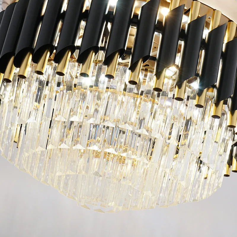 Crystal chandelier style ceiling fan light with LED bulbs and remote control in silver finish.