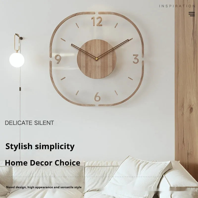 35 cm square transparent wooden wall clock with modern design on white wall