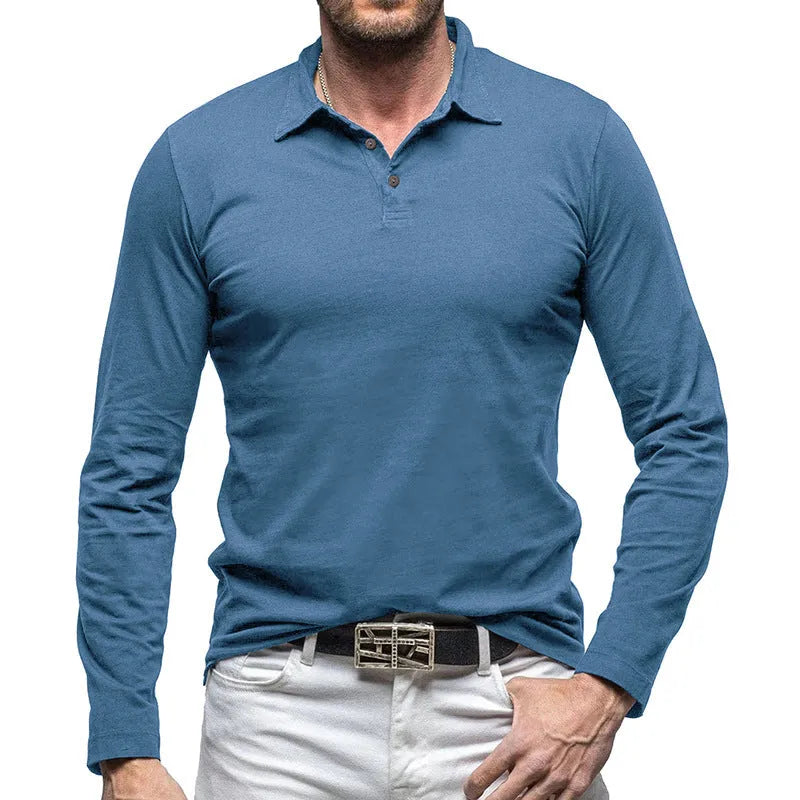 Men's dark grey long sleeve polo collar cotton t-shirt shown front on, American retro style.