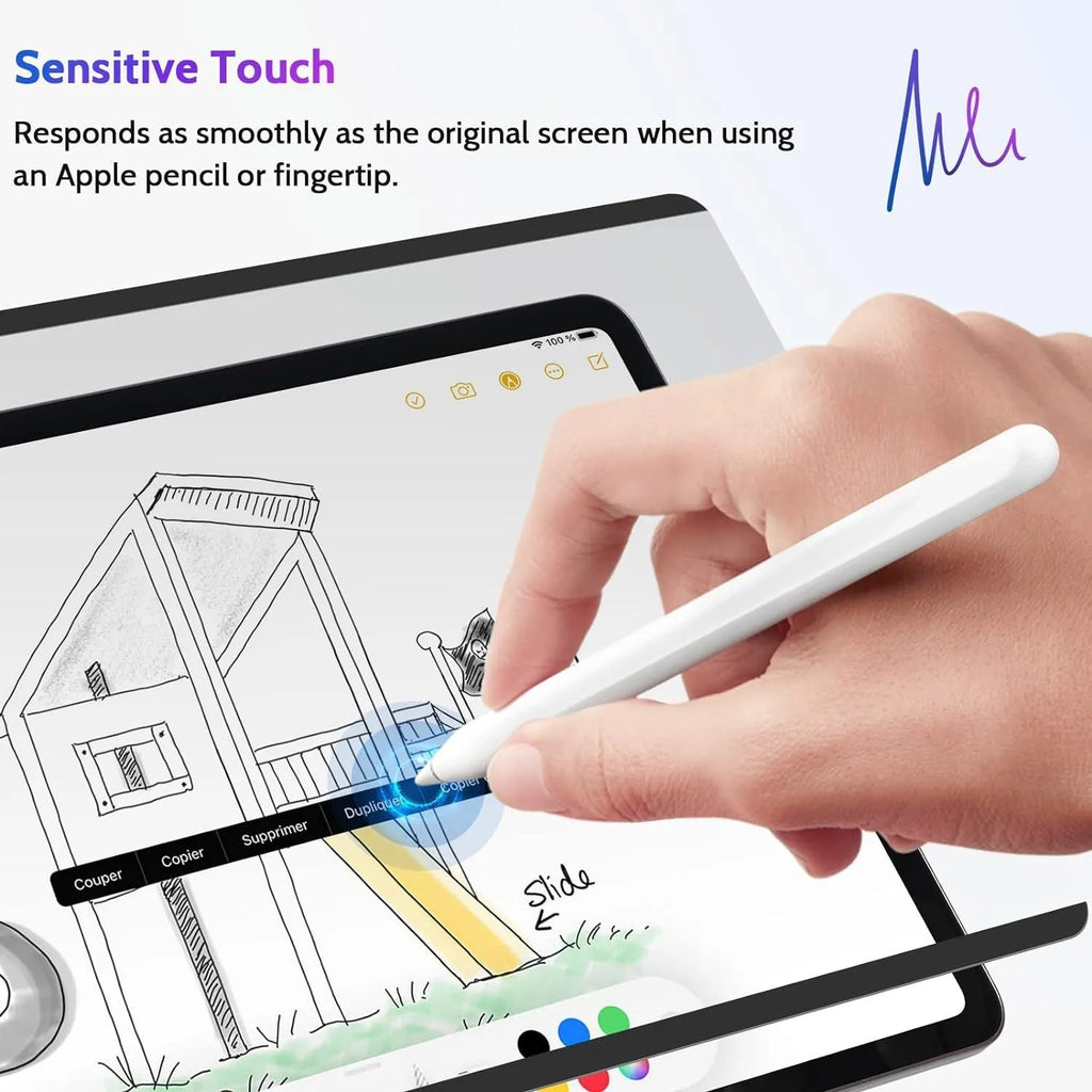 Magnetic suction anti-peeping screen protector film for iPad with paper-like texture and storage clip.