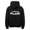 Black loose fit drop-shoulder pullover hoodie sweater with front pocket on plain background