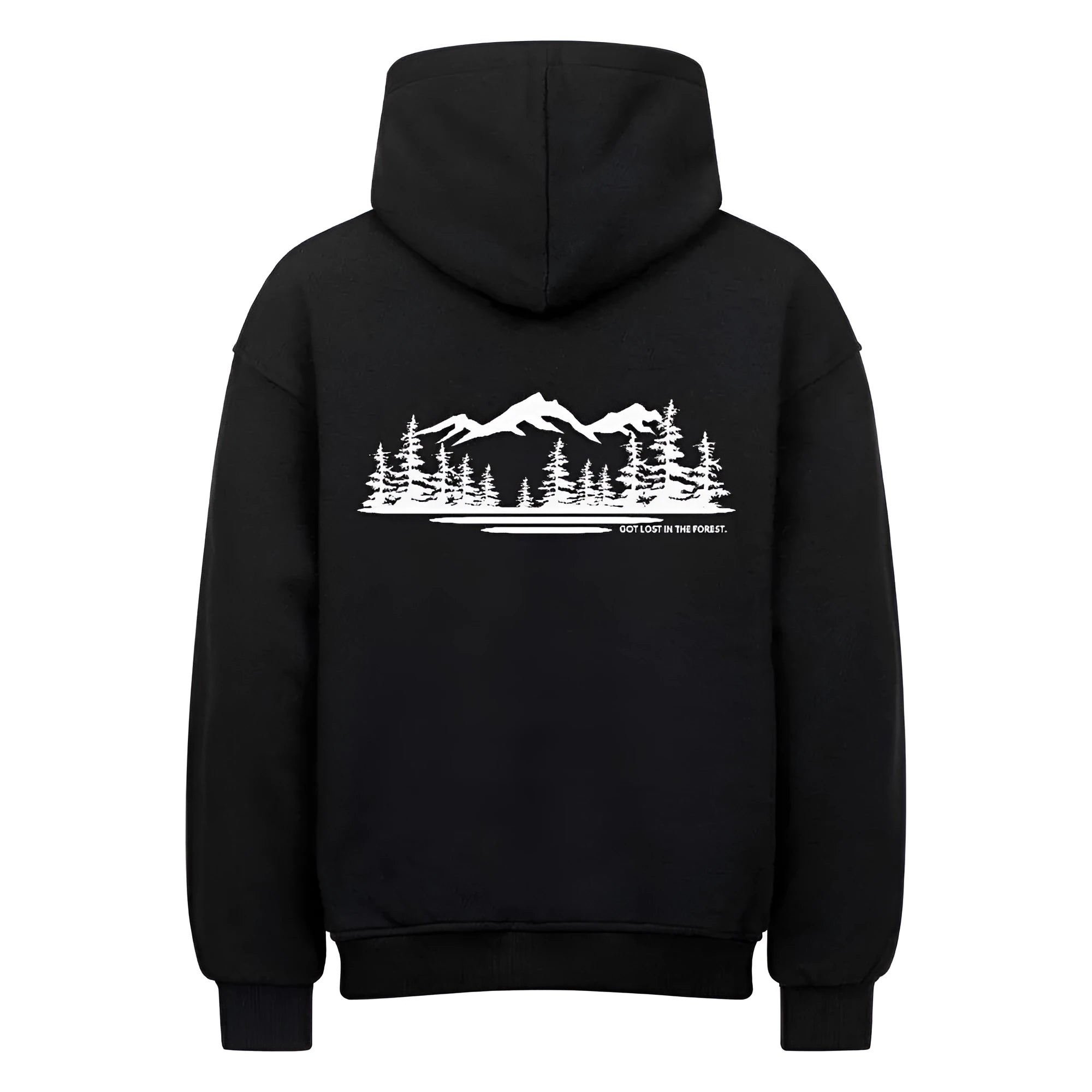 Black loose fit drop-shoulder pullover hoodie sweater with front pocket on plain background
