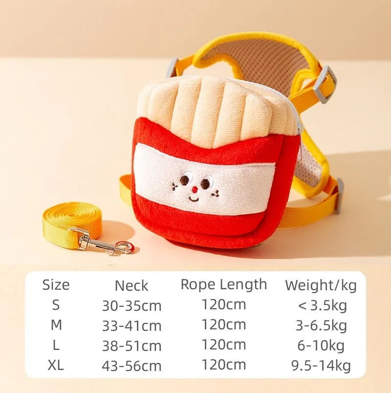 Cartoon hamburger chips design adjustable dog leash and escape proof vest with backpack harness.