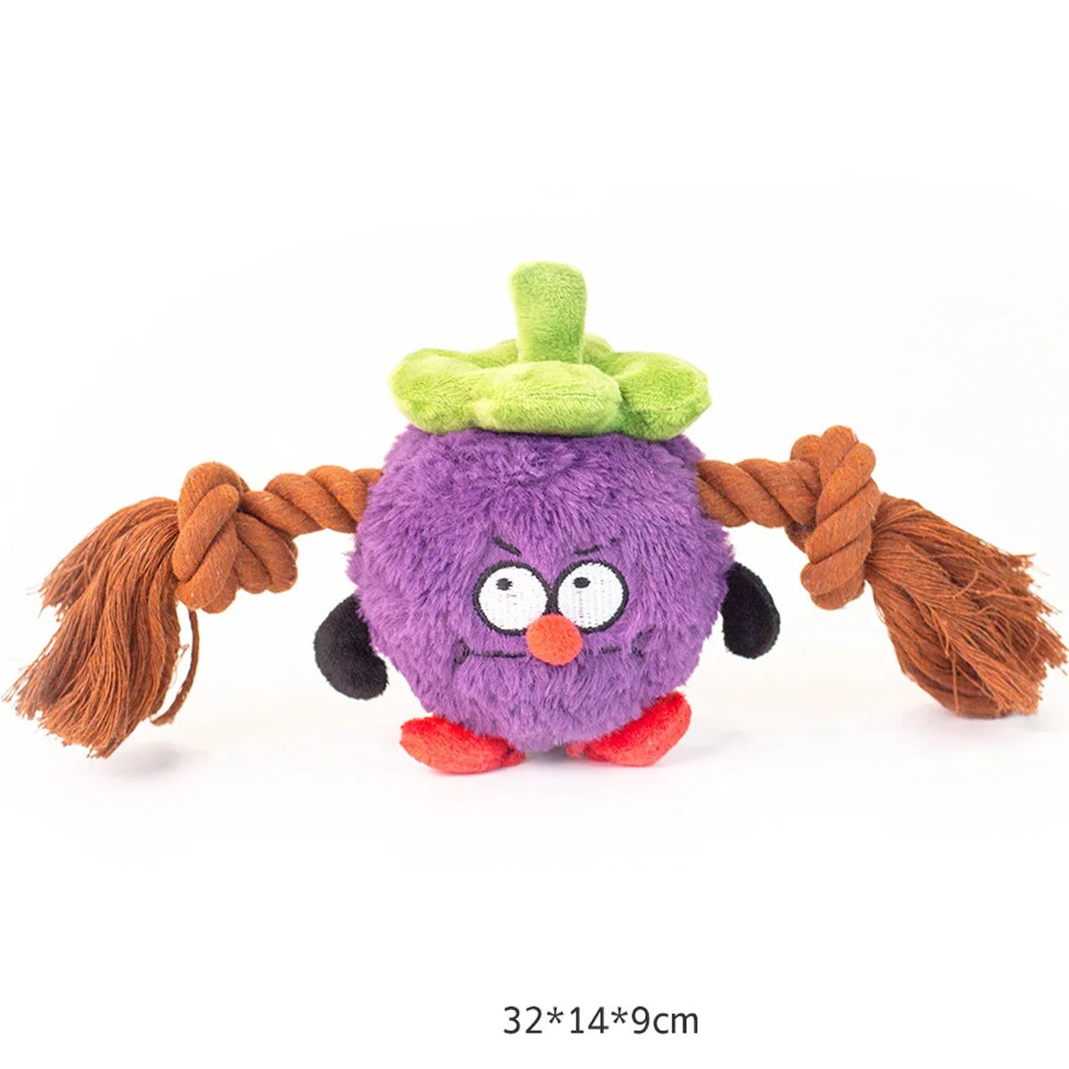 Green and purple plush rope knot dog toy with squeaker for tug of war and chewing.